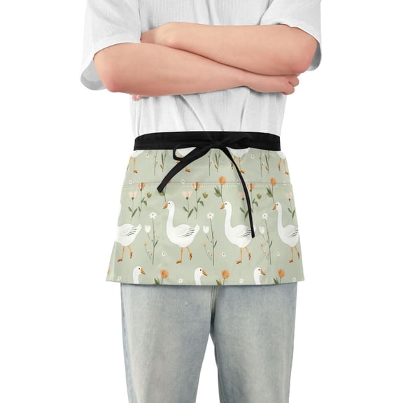 Gooses with Flowers Server Apron with 3 Pockets Waterproof Waitress Waist Short Apron for Man Woman 12 Inches