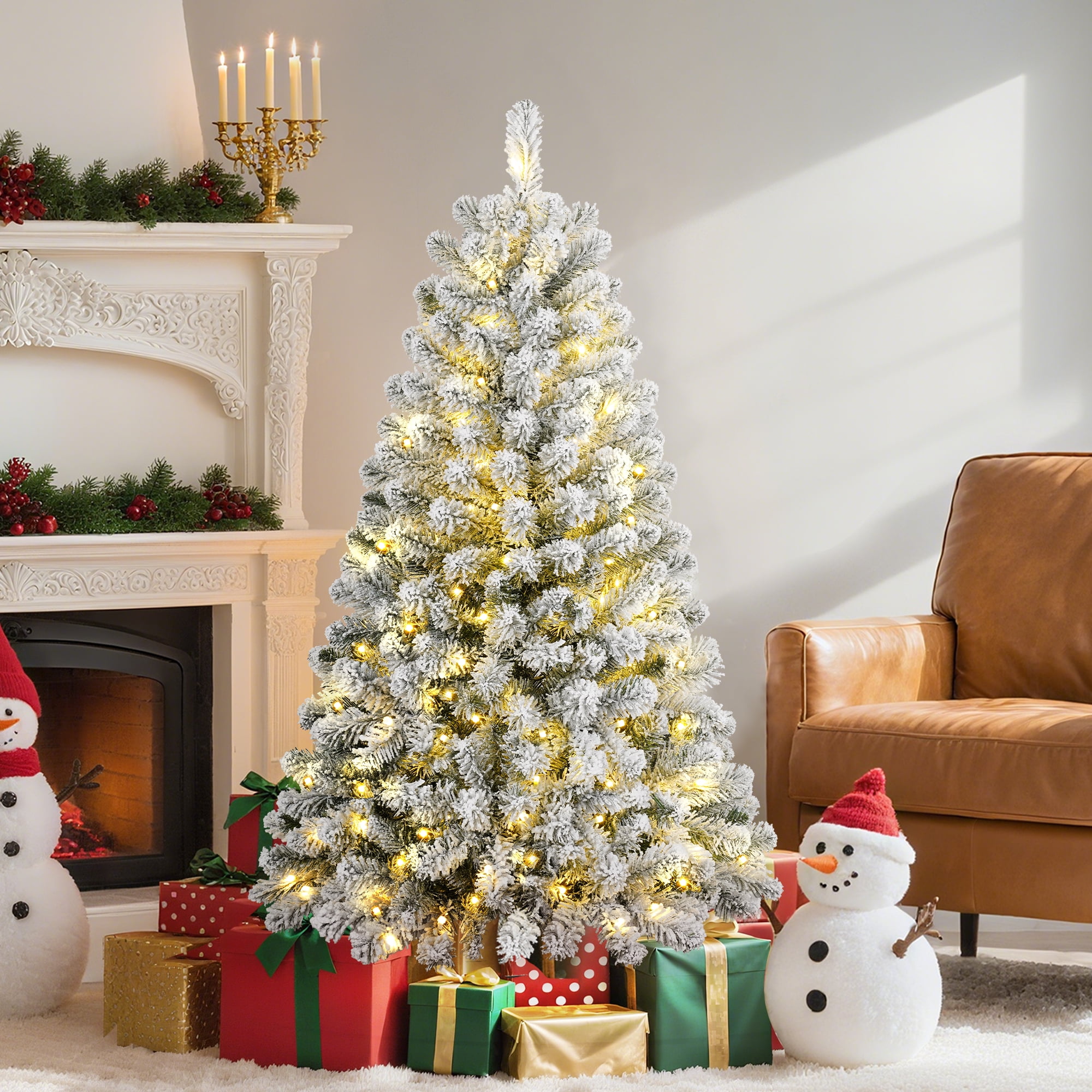 Goosiay 4ft Pre-Lit Flocked Christmas Tree, 360 Realistic Branch Tips, 120 Multicolor & Warm White LED Lights Snowy Artificial Christmas Tree