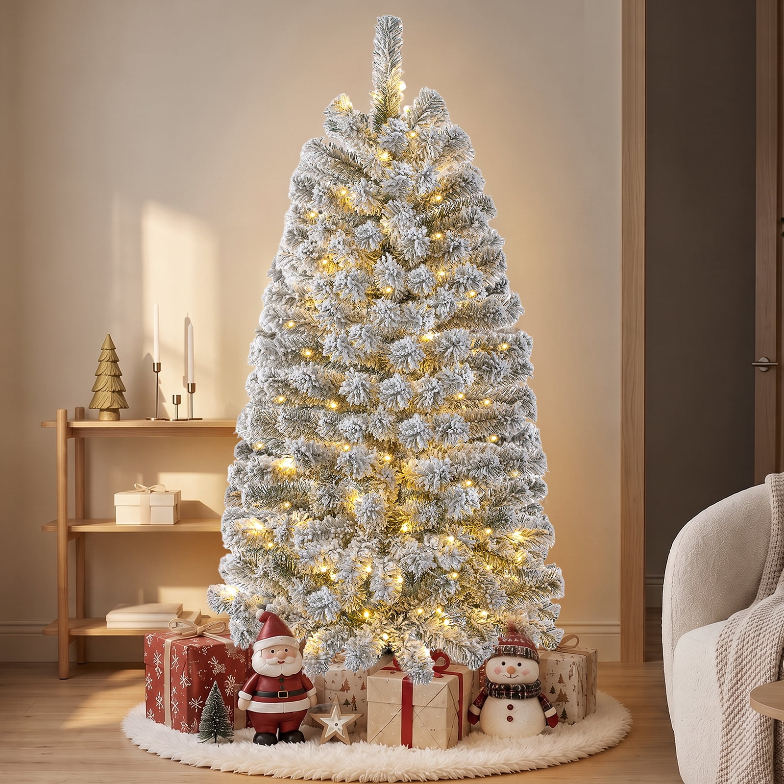Goosiay 4ft Pre-Lit Flocked Christmas Tree, 250 Realistic Branch Tips, 100 Multicolor & Warm White LED Lights Snowy Artificial Christmas Tree