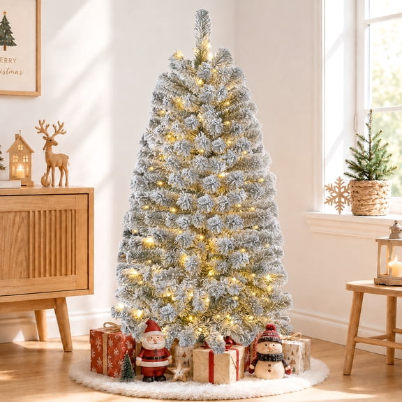 Goosiay 4ft Pre-Lit Flocked Christmas Tree, 250 Realistic Branch Tips, 100 Multicolor & Warm White LED Lights Snowy Artificial Christmas Tree