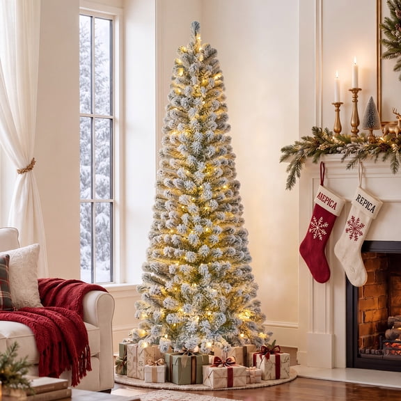 Goosiay 6ft Snow Flocked Pencil Christmas Tree, Pre-Lit Artificial Christmas Tree with 500 Tips, 250 Warm White & Multicolor Lights, 10 Modes, Slim Xmas Tree with Stand