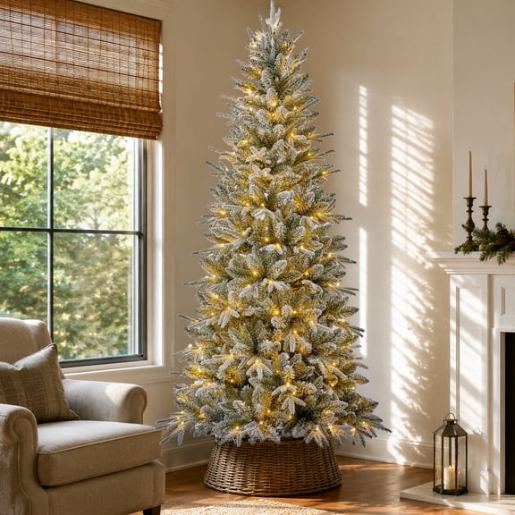Goosiay 6 ft Pre-Lit Frosted Slim Aspen Fir Artificial Christmas Tree, PE & PVC Branches, 200 Warm White & Multicolor Lights, 10 Light Modes, 853 Branch Tips
