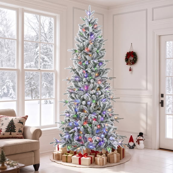 Goosiay 7 ft Pre-Lit Snow Flocked Slim Aspen Fir Artificial Christmas ...