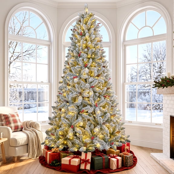 Goosiay Artificial Christmas Tree Pre-Lit Flocked Hinged with Red Berries & Pinecones, 350 Warm White & Multicolor LED Lights, 7ft