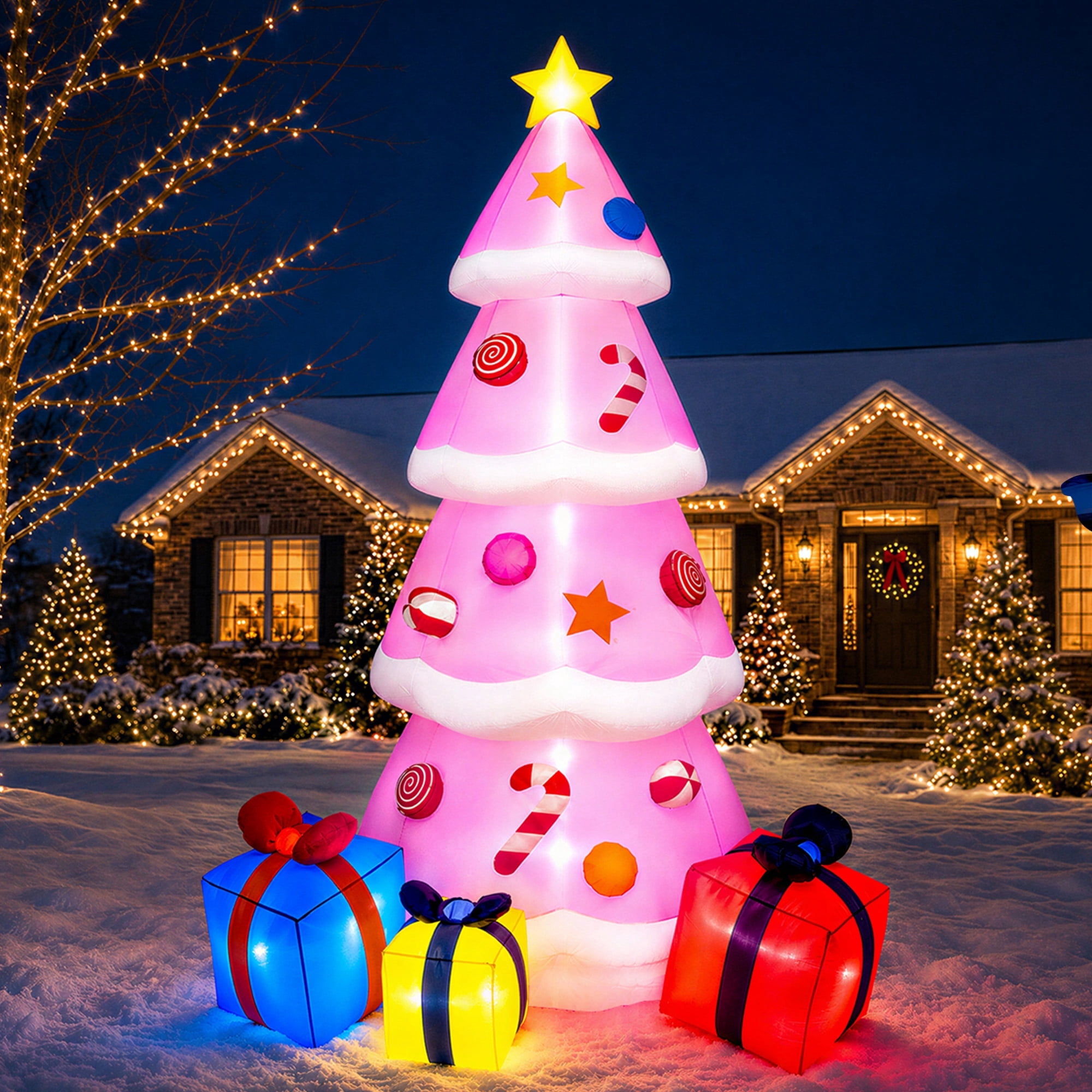 Goosiay 9ft Tall Pink Christmas Inflatables Tree with LED Lights and ...