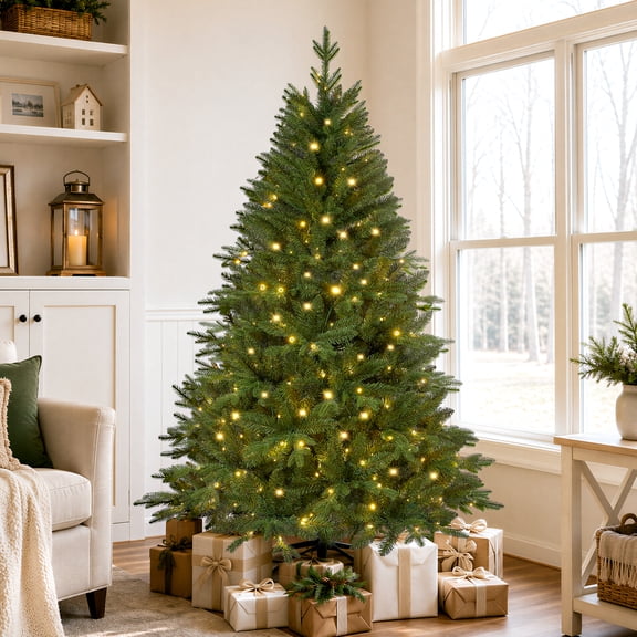 Goosiay 6ft Prelit Hinged Christmas Tree with 1046 PE & PVC Tips, 300 Multicolor & Warm White LED Lights 10 Modes LED Lights, Artificial Pine Tree for Xmas Holiday Decor