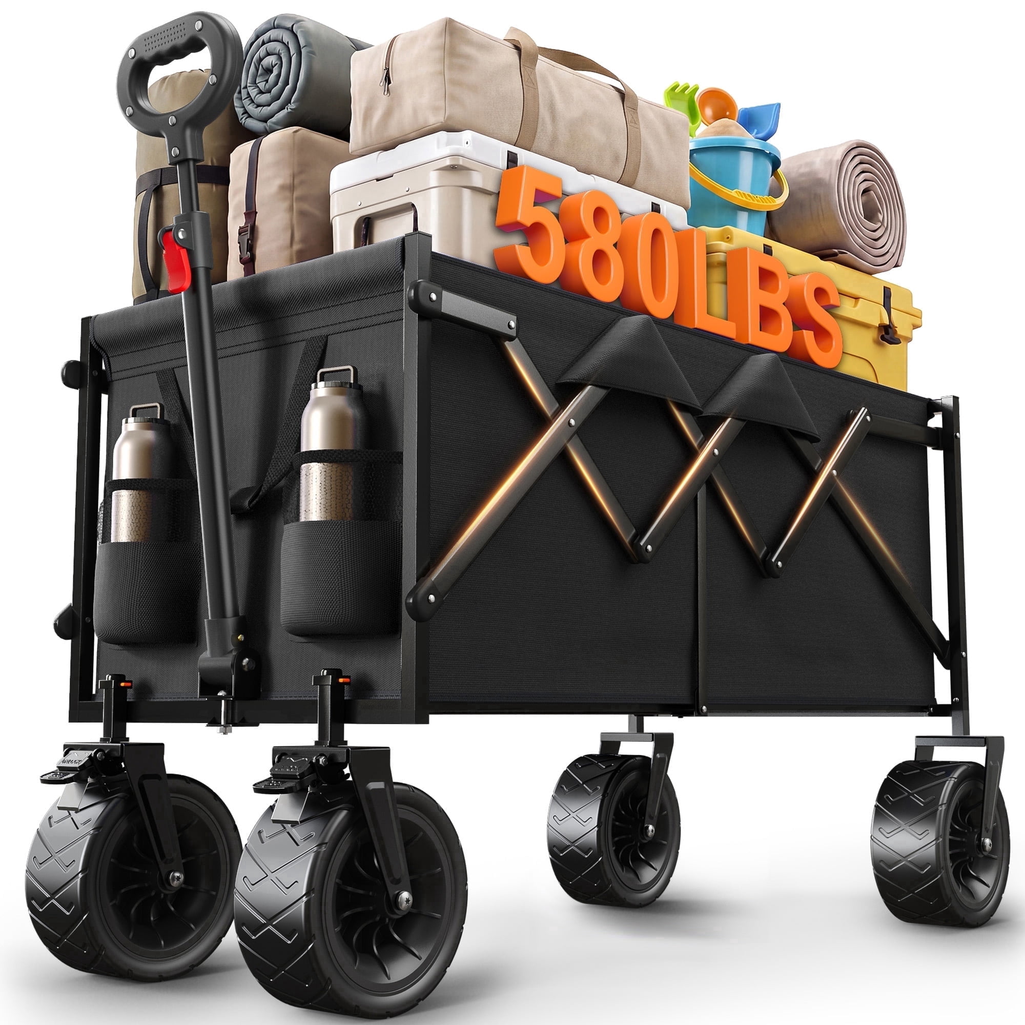 Goosiay Collapsible Wagon Cart, 580lbs Heavy Duty Utility Cart, 170L Large Capacity Folding Garden Wagon with All-Terrain Brake Wheels for Grocery, Shopping, Garden, Sports, Camping, Black