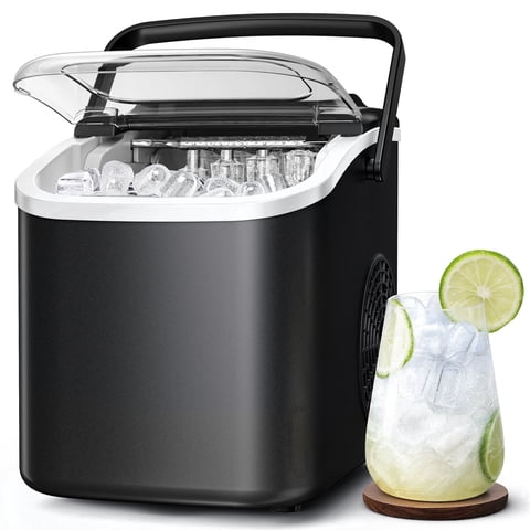 Goosiay Countertop Ice Maker, 26lbs Portable Small Ice Makers with Handle, 8 Cubes in 6 Mins, 2 Size of Bullet Ice, Self-Cleaning Mini Ice Machine for Home, Kitchen, RV, Camping, Black