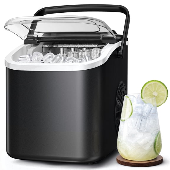 Goosiay Countertop Ice Maker, 26lbs Portable Small Ice Makers with Handle, 8 Cubes in 6 Mins, 2 Size of Bullet Ice, Self-Cleaning Mini Ice Machine for Home, Kitchen, RV, Camping, Black