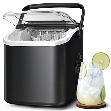 Goosiay Countertop Ice Maker, 26lbs Portable Small Ice Makers with Handle, 8 Cubes in 6 Mins, 2 Size of Bullet Ice, Self-Cleaning Mini Ice Machine for Home, Kitchen, RV, Camping, Black