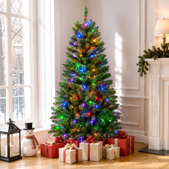 Goosiay Pre-Lit Artificial Christmas Tree, 4ft, 150 Warm White & Multi-Colored 10 Modes LED Lights, Metal Stand, 360 Branch Tips, Green