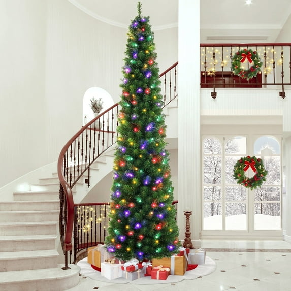 Goosiay Pre-Lit Pencil Artificial Christmas Tree, 7.5ft Xmas Tree with Metal Stand for Christmas Decoration, Green