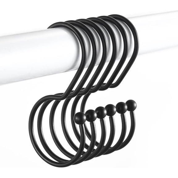 Goowin Shower Curtain Hooks, Anti-Fall S-Shaped Ring, Decorative Black Hooks Rings Rust Proof for Curtain, 12 Pack,