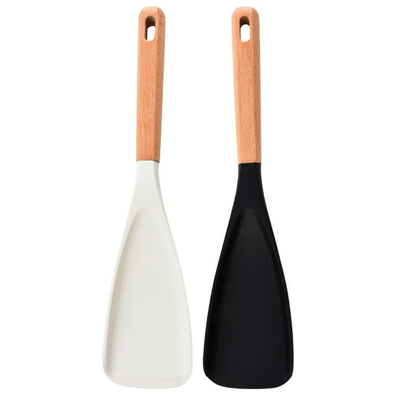 Goowood 2 Pack Silicone Spatula Spoon Set Heat Resistant Spoonula Wooden Handle Nonstick Cooking Spoon for Mixing Baking Serving Scraping Kitchen Utensils