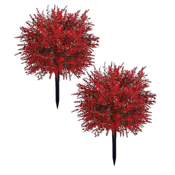 Goowood 2 Pcs Red Artificial Plants Outdoor Lavender Fake Bushes Faux Boxwood Shrubs Decor for Porch Garden Patio with Ground Insert