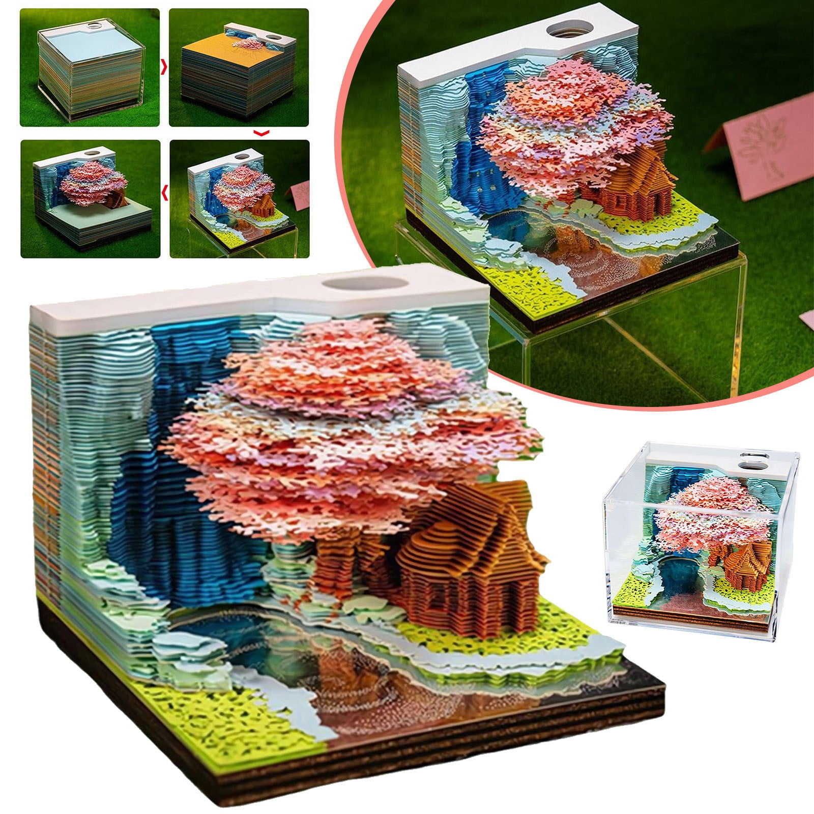 Goowood 3D Calendar 2026 Timepiece Calendar with LED Lights Paper Carving Art 3D Memo Pad Tear Away Calendar for Home Office Desk Decor