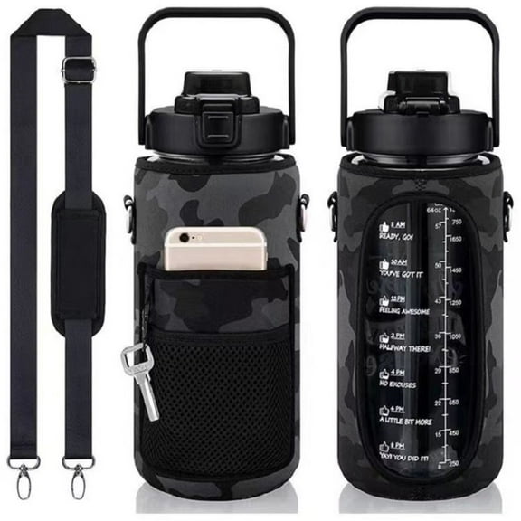 Goowood 64 oz Water Bottle with Straw and Leak Proof Non Slip Cover Large Half Gallon Water Jug with Time Marker for Fitness Gym Sports