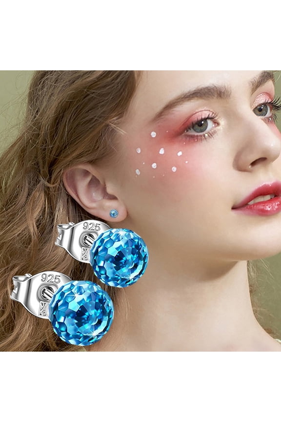 925 Sterling Silver Stud Earrings Women 6mm Blue Crystal Ball Hypoallergenic Sparkling Jewelry Birthday Valentine's Day Gifts for Wife Mom