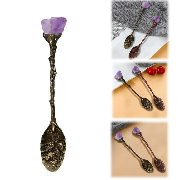 Goowood Amethyst Crystal Stainless Steel Coffee Spoon with Long Handle Elegant Natural Purple Stone Dessert Stirrer Tableware for Gift