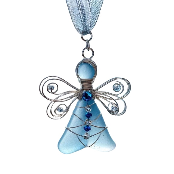Goowood Blue Sea Glass Angel Ornament Handmade Wire Wrapped Wings Coastal Christmas Decor Beach Theme Ocean Pendant Mirror Charm Unique Natural Holiday Gift