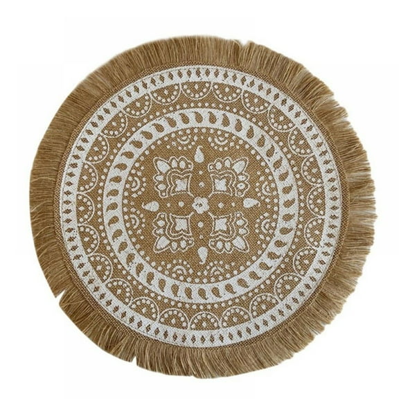 Goowood Boho Round Placemats 15 Inch Woven Jute Table Mats with Pompom Tassels Farmhouse Cotton Linen Place Mat for Kitchen Dining Decor