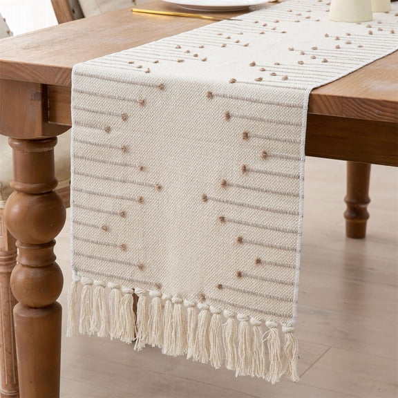 Goowood Boho Table Runner 13 x 90 Inch Long Natural Cotton Woven Table Runner with Tassels for Modern Farmhouse Dining Table Decor Taupe