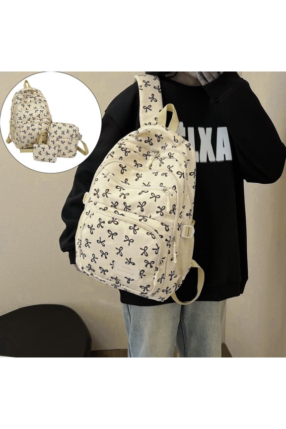 Bow Backpack Coquette Kawaii Cute Backpacks for Women 3 PCS Set Nylon Aesthetic Daypack Bow Pattern Rucksack Cheer Bag B