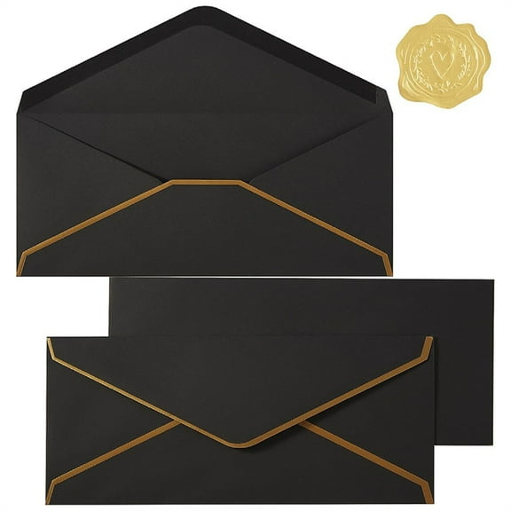 Goowood Business Envelopes #10 Envelope with V Gold Border and Gold Stickers for Letter Mailing 150gsm Black 10 Envelopes 1 Sticker