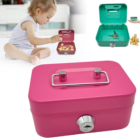 Goowood Cash Box with Lock Small Metal Lock Box with Key for Money and Prizes Modern Piggy Bank for Adults and Kids Keepsake Chest Pink