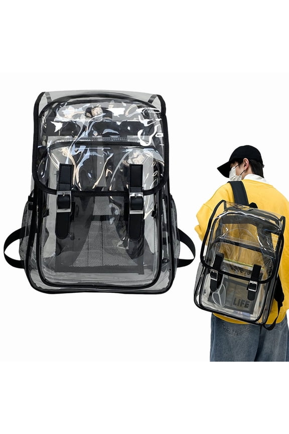 Clear Backpack Heavy Duty Stadium Approved Bag Waterproof Transparent Roll Top Rucksack Reinforced Straps Large Capacity Black