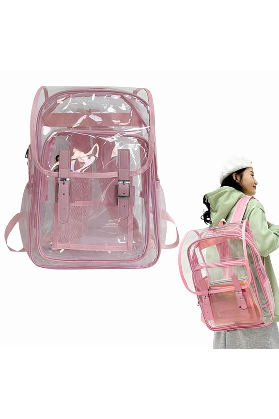 Clear Backpack Heavy Duty Stadium Approved Bag Waterproof Transparent Roll Top Rucksack Reinforced Straps Large Capacity Pink