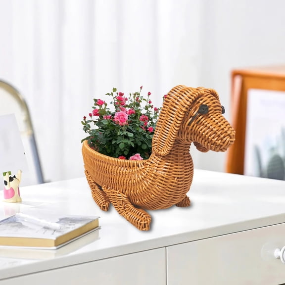Goowood Cute Woven Dog Shaped Storage Basket Imitation Rattan Snack Bowl Animal Desktop Organizer Decor for Fruit Candy Keys Sundries