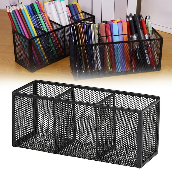 Goowood Desk Organizer with 3 Divided Compartments Black Mesh Pen Holder for Desk Metal Desktop Stationery Accessories and Pencil Organizer