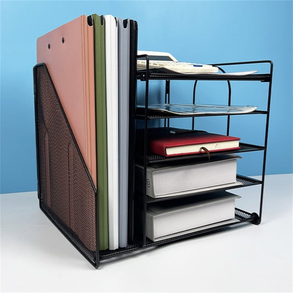 Goowood Desk Organizer with Magazine Holder 4 Tier Paper Organizer for Desk Office Desk Accessories and Workspace File Organizer Black