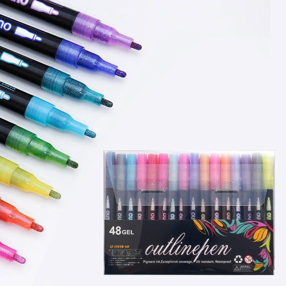 Goowood Double Line Outline Markers - Professional Metallic Glitter Pens for Drawing and Writing - Squiggles Outline Marker Set for Birthday Greeting Cards