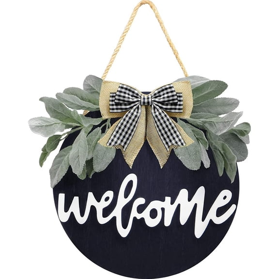 Goowood Farmhouse Welcome Sign Rustic Door Hanger Round Wood Plaque with Greenery Bow for Front Porch Entryway Wall Decor