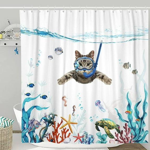 Goowood Funny Cat Shower Curtain for Bathroom Ocean Beach Theme Teal Blue Fabric Shower Curtains with Weighted Hem Diving Cat Decor 72x72