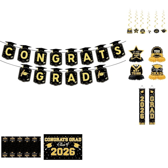 Goowood Graduation Decorations 2026 Black Gold Set Class of 2026 Party Decor Congrats Grad Banner Porch Sign Centerpieces