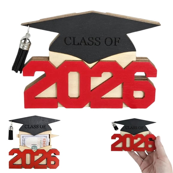 Goowood Graduation Decorations 2026 Graduation Card Box for Party Wood Money Holder with Hidden Drawer Congrats Grad Table Decor Red