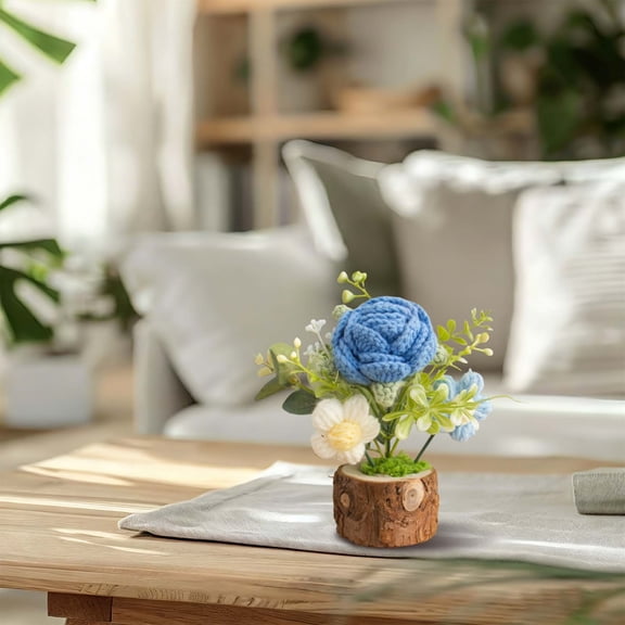 Goowood Hand Woven Rose Ornament Log Base Wool Flower Desktop Home Decoration Small Ornament Desktop Decoration Souvenir Multi Color Optional Artificial flowers Home Decor