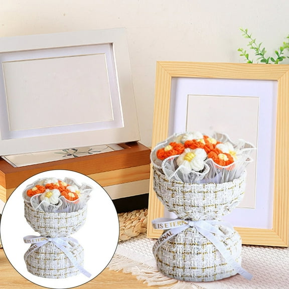 Goowood Handmade Crochet Flower Bouquet Orange Knitted Puff Yarn Flowers Artificial Decor for Mothers Day Birthday Wedding Gifts