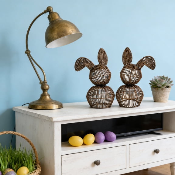 Goowood Handwoven Bunny Figurine Rustic Farmhouse Easter Decor Spring Tabletop Statue Animal Ornament for Home Shelf Mantel