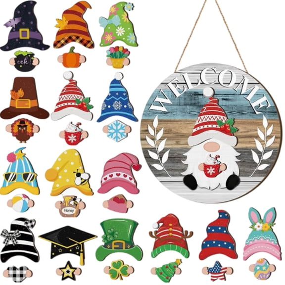 Goowood Interchangeable Gnome Welcome Sign Seasonal Front Door Decor Magnetic Holiday Home Decoration for Christmas Halloween Housewarming