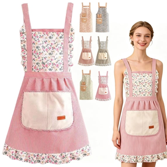 Goowood Kitchen Apron for Women, Printed Cotton Canvas Cooking Apron ...