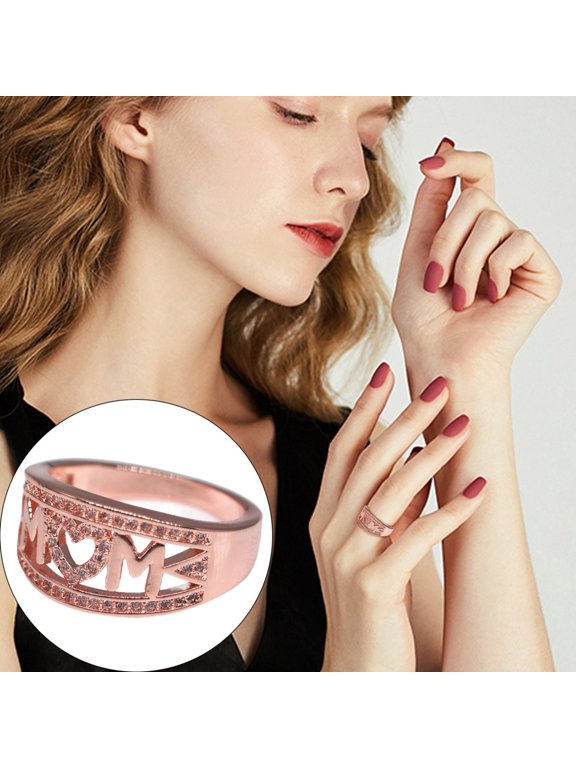 MOM Letter Heart Ring Rose Gold Plated Brass Promise Ring with AAA Cubic Zirconia Initial Mothers Ring Jewelry Gift for Women
