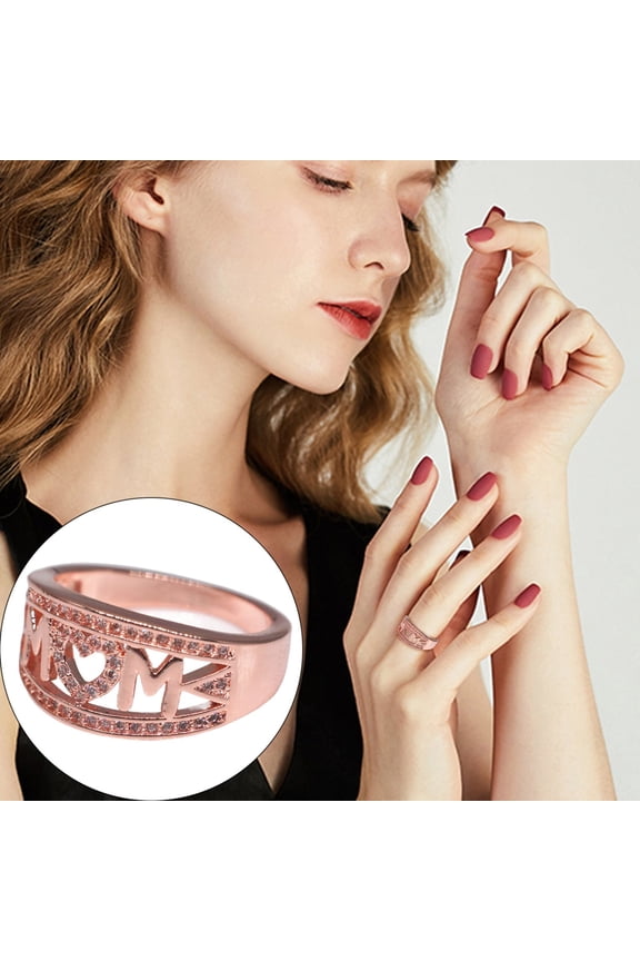 MOM Letter Heart Ring Rose Gold Plated Brass Promise Ring with AAA Cubic Zirconia Initial Mothers Ring Jewelry Gift for Women