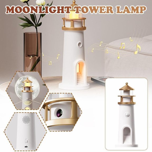 Goowood Moon Projector Lighthouse Table Lamp LED Night Light with Remote Body Sensor and Rechargeable Battery for Bedroom Beach Decor