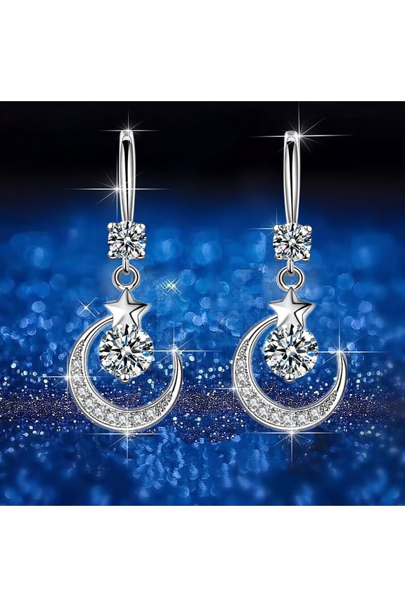 Moon Star Dangle Earrings for Women Silver Tone Blue Crystal Drop Earrings Rhinestone Celestial Jewelry Fashion Gift for Mom Wife Anniversary Wedding Party Valentine's Day Gift