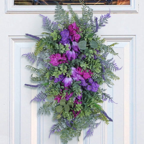 Goowood Spring Wreath for Front Door Teardrop Swag Artificial Floral Wreath for Easter Summer Home Decor Outside Porch Kitchen Wall Hanging