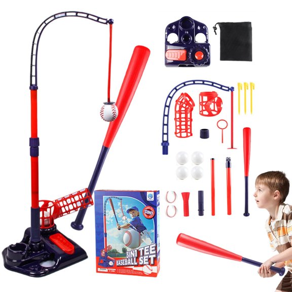Goowood T Ball Set for Toddlers 3-5 4-in-1 Baseball Tee Set with Pitching Machine Retractable Bats Baseball Gloves and Ground Stakes